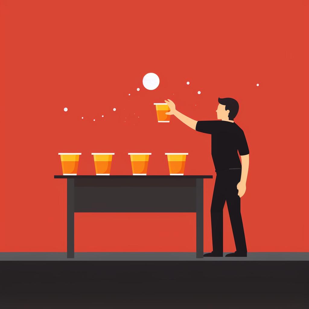 A person practicing beer pong by shooting at a single cup placed at varying distances