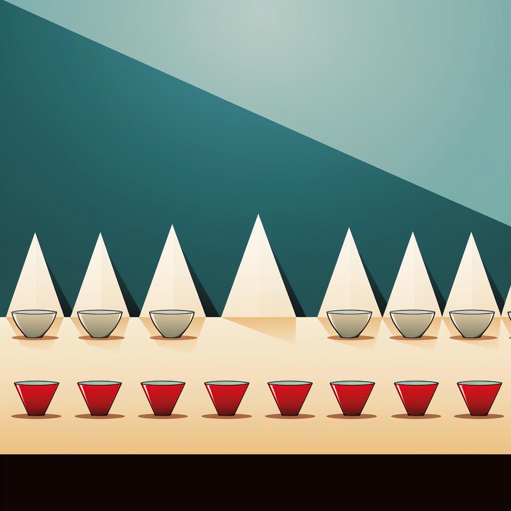 A long table with cups arranged in a pyramid shape at each end