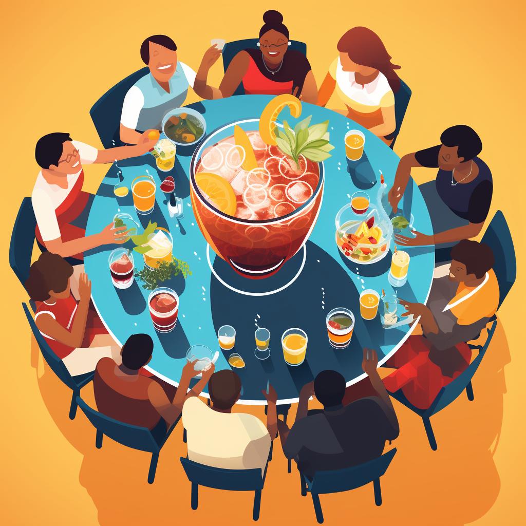 A large cup filled with mixed drinks in the center of a table surrounded by people