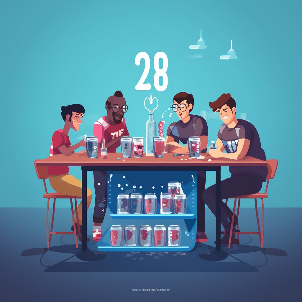Players standing around the table, ready to drink their soda or water at the countdown.