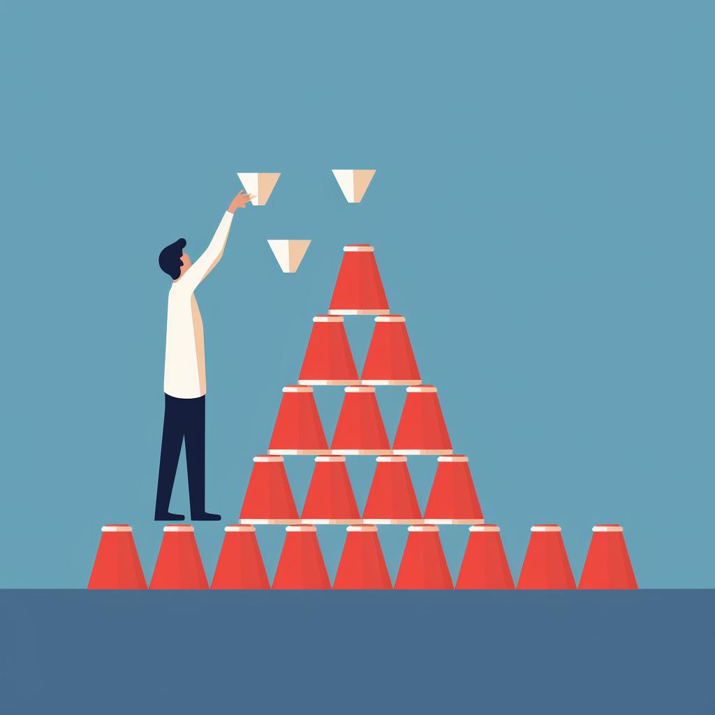 A player throwing a ping pong ball towards a pyramid of cups.