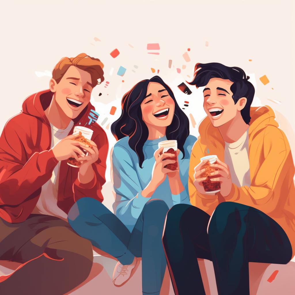 Friends laughing and drinking while watching a movie