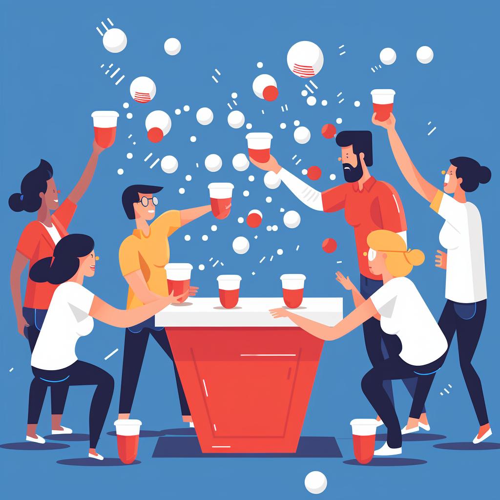 Two teams taking turns throwing ping pong balls at the beer-filled cups.